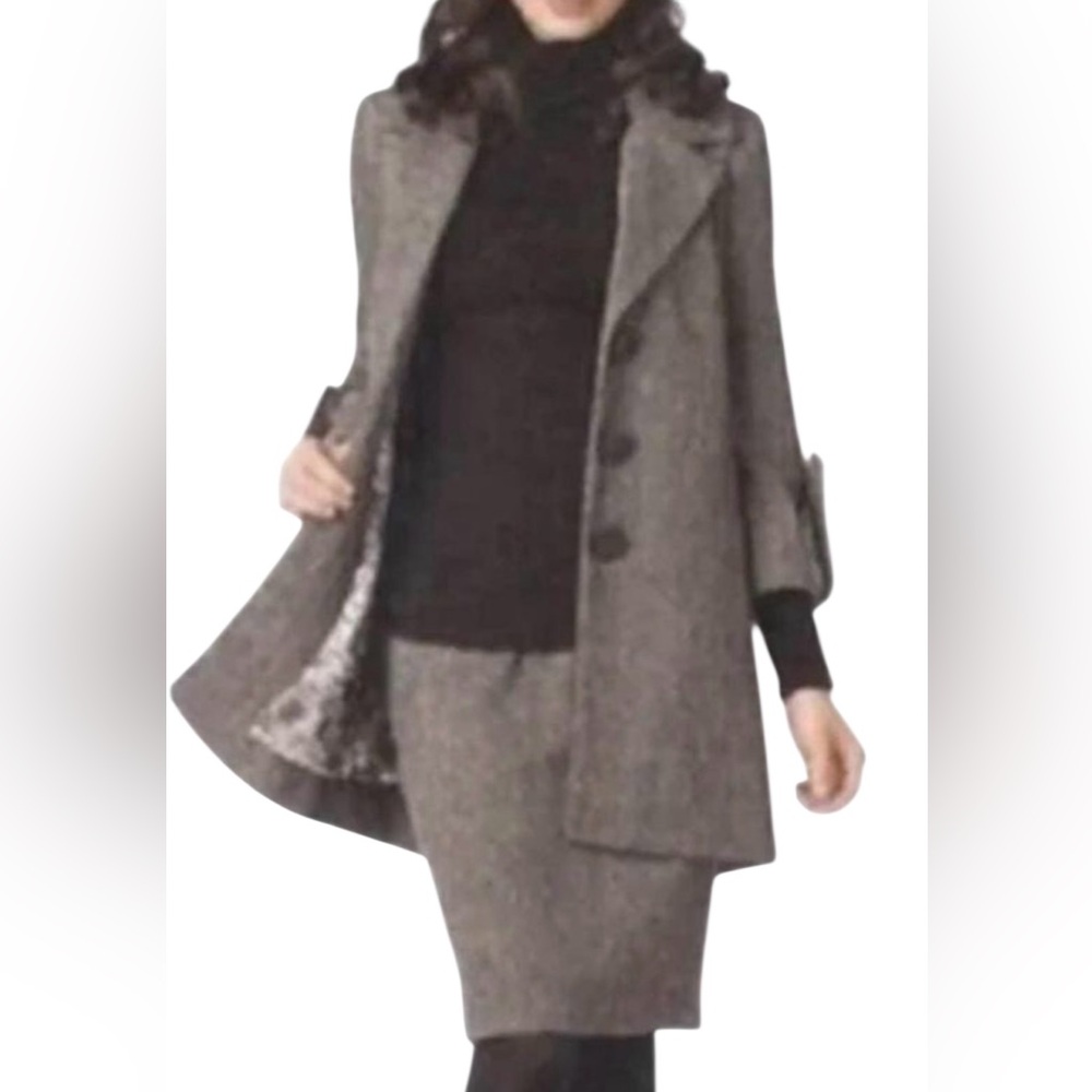 Cabi Shakespeare Swing Tweed Coat,brown/gray wool-blend ,three-button front, 4
